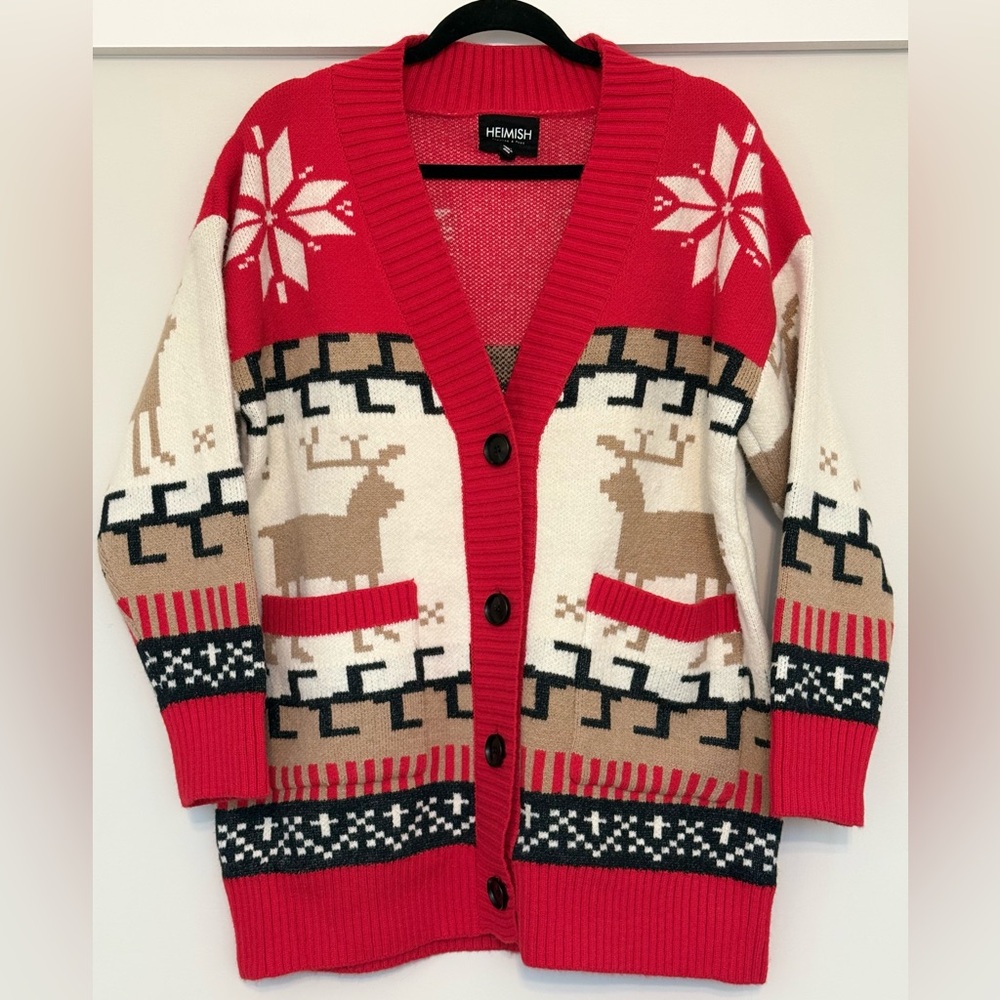 Heimish Holiday Cheers Christmas Print Cardigan M/L Reindeer Snowflake Happy